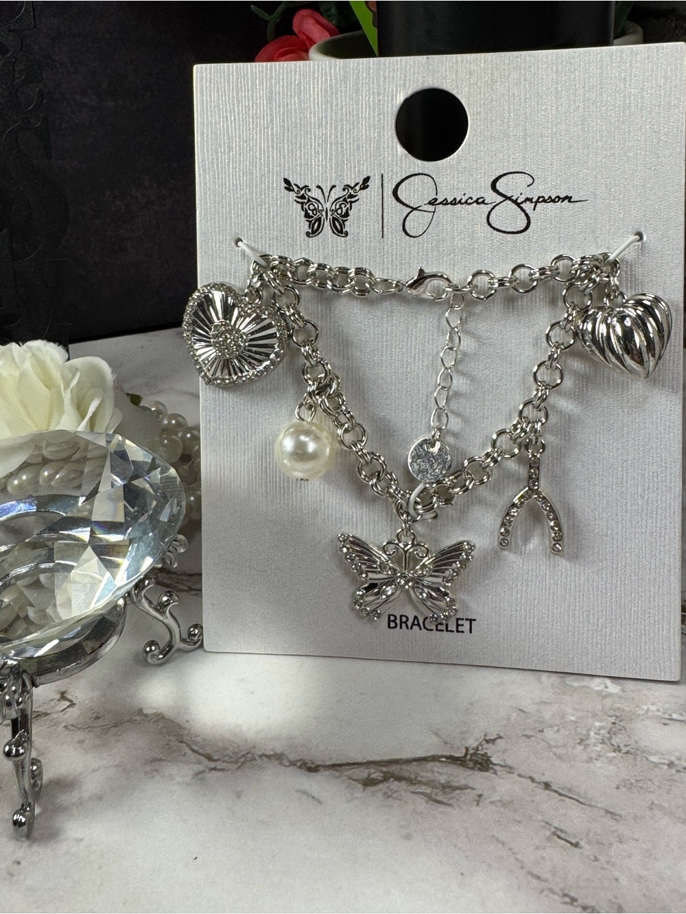 Jessica Simpson Silver-Tone Butterfly Charm Bracelet with Pearl Accent